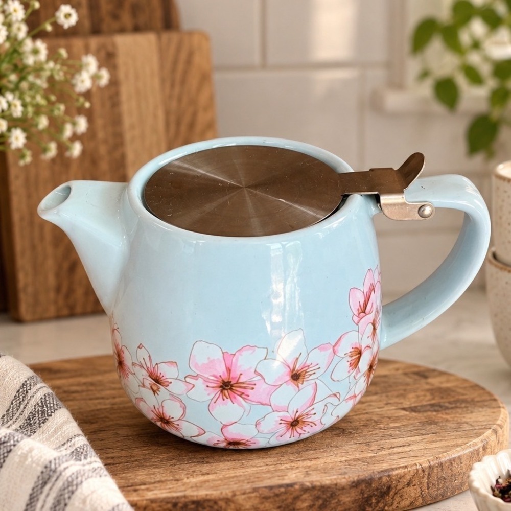 Alfred Light Blue Ceramic Teapot Pink Cherry Blossoms Stainless Steel Infuser